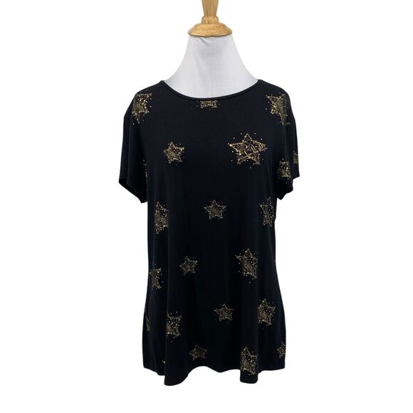 Ted Baker T Shirt Womens S Small Black Gold Metallic Stars Fitted Short Sleeve - Picture 1 of 11